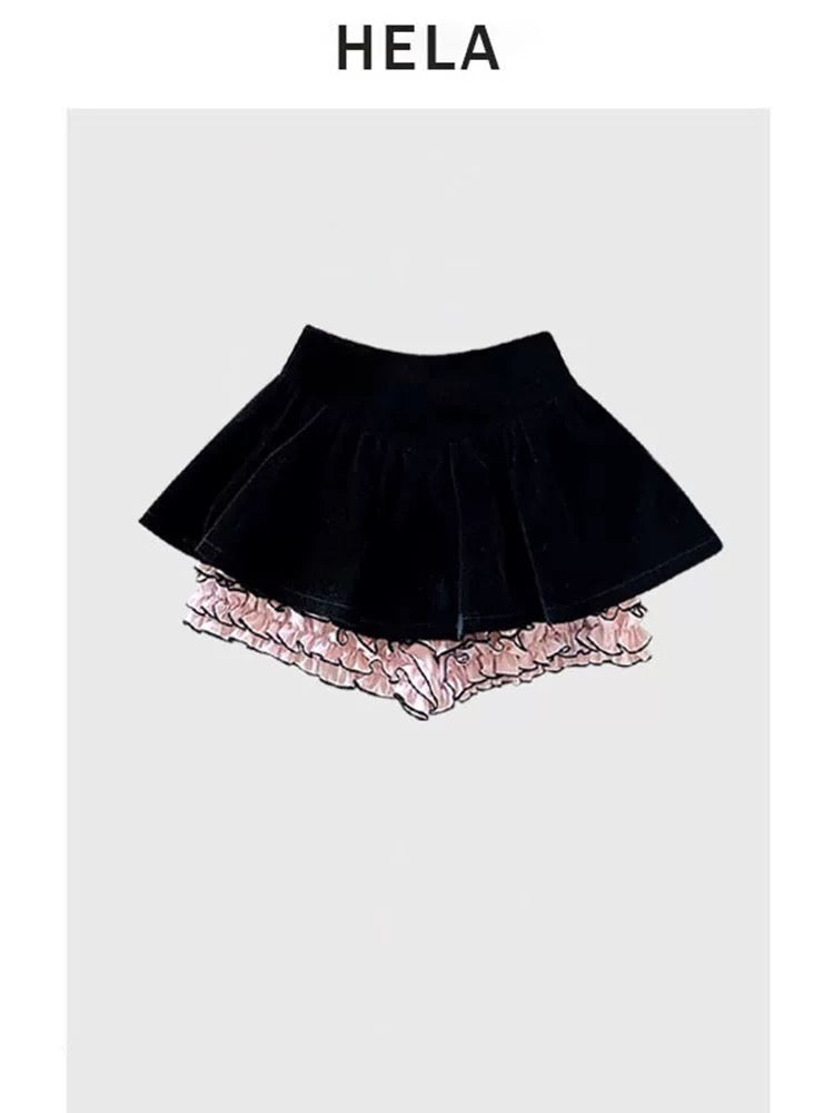 HELA fat mm sweet and spicy style lace splicing fake two-piece suspenders female summer 2024 large size lace velvet skirt and pants suit
