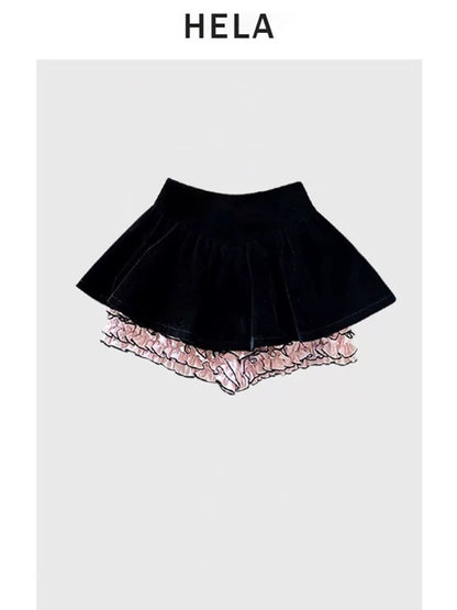 HELA fat mm sweet and spicy style lace splicing fake two-piece suspenders female summer 2024 large size lace velvet skirt and pants suit