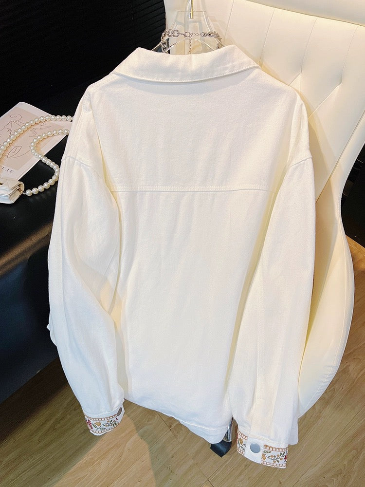 Tang suit Chinese style women's high-end embroidered white denim jacket spring loose long-sleeved button-up top