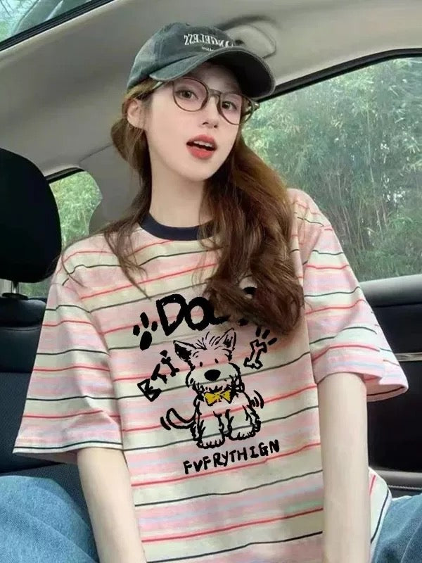 American style puppy color contrast striped short-sleeved T-shirt for women 2025 summer new loose slim design casual tops