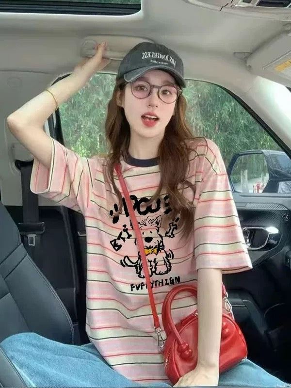 American style puppy color contrast striped short-sleeved T-shirt for women 2025 summer new loose slim design casual tops