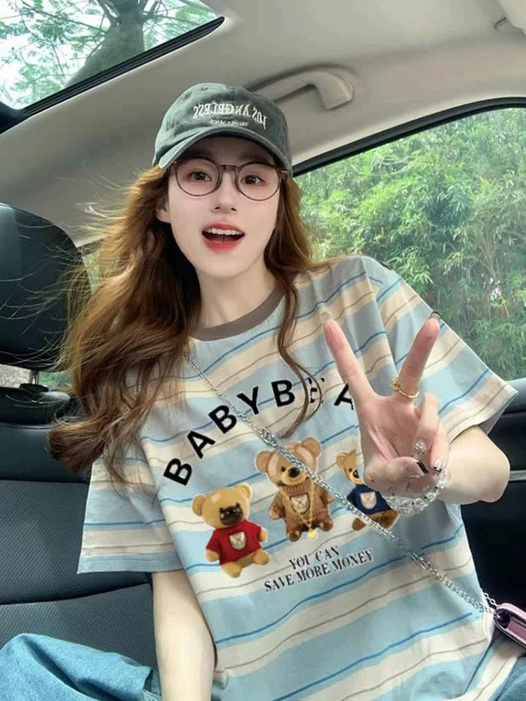 Retro blue striped bear print short-sleeved women's 2025 summer hot-selling Korean style straight shoulder loose contrast color T-shirt women