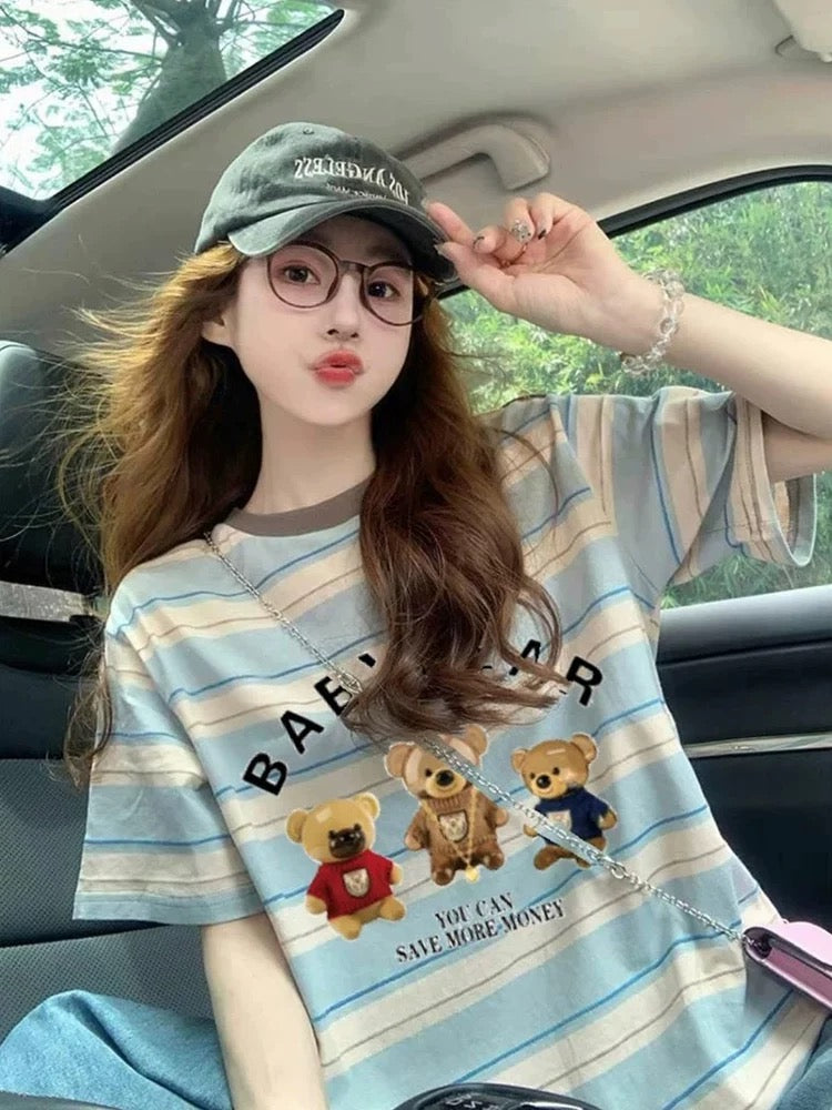 Retro blue striped bear print short-sleeved women's 2025 summer hot-selling Korean style straight shoulder loose contrast color T-shirt women