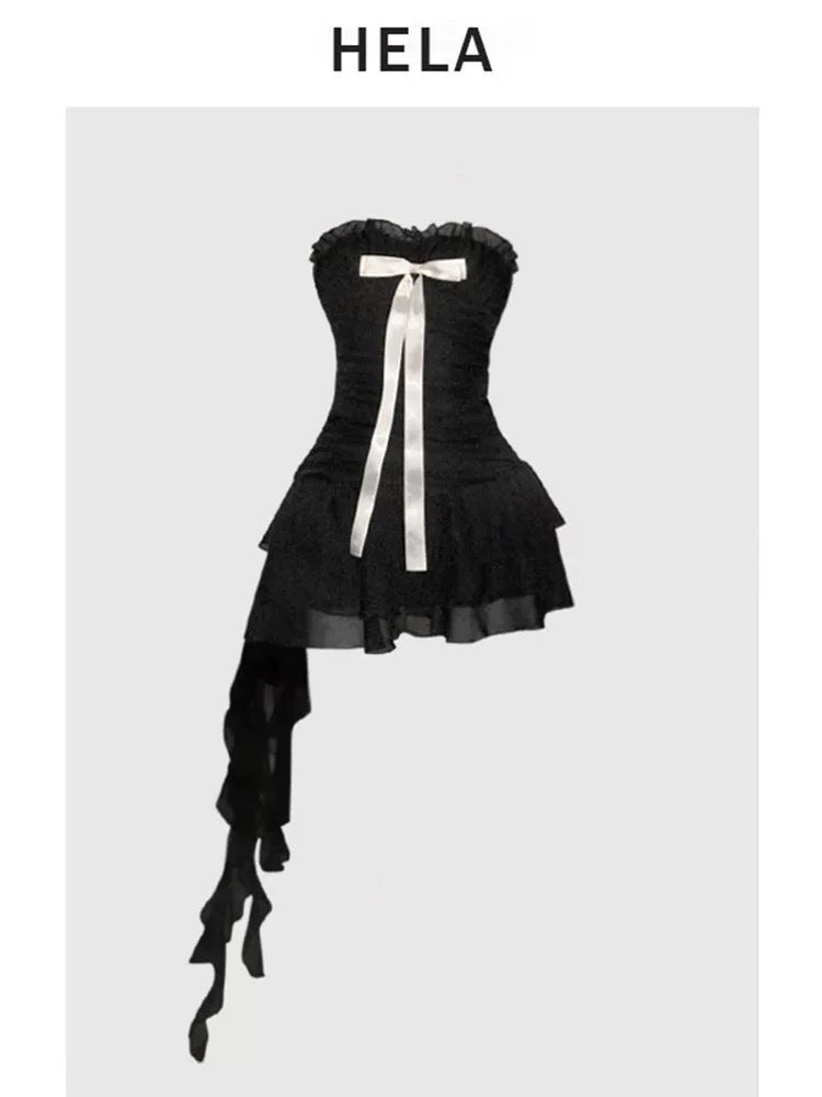 HELA fat mm sweet and spicy style bow tube top dress female summer 2024 pure desire pleated waist ribbon short skirt