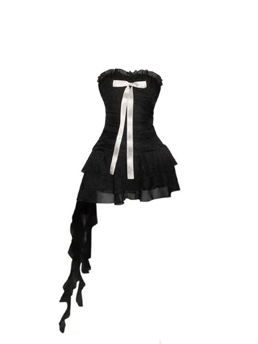 HELA fat mm sweet and spicy style bow tube top dress female summer 2024 pure desire pleated waist ribbon short skirt