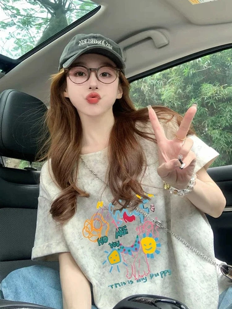 American retro gray cartoon print short-sleeved women 2025 summer new loose slim T-shirt tops women ins