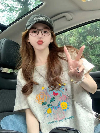 American retro gray cartoon print short-sleeved women 2025 summer new loose slim T-shirt tops women ins