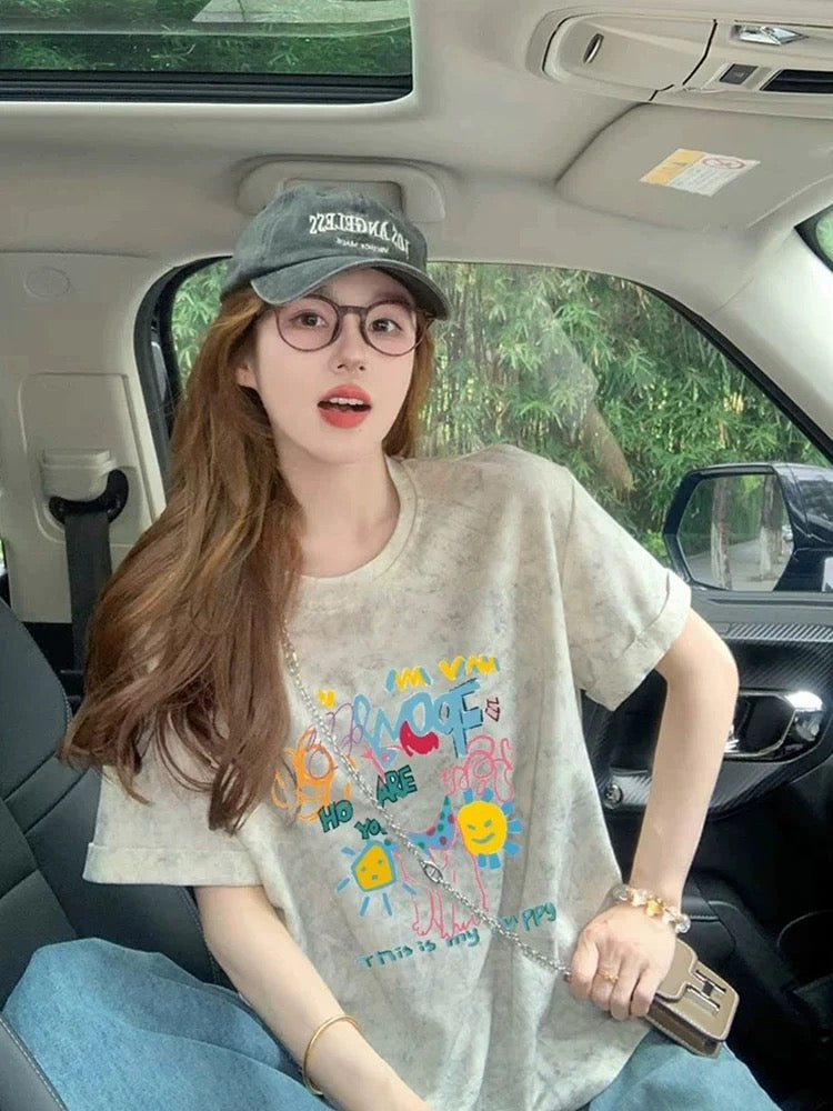 American retro gray cartoon print short-sleeved women 2025 summer new loose slim T-shirt tops women ins