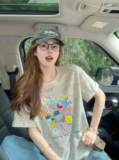 American retro gray cartoon print short-sleeved women 2025 summer new loose slim T-shirt tops women ins