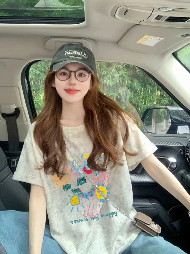 American retro gray cartoon print short-sleeved women 2025 summer new loose slim T-shirt tops women ins