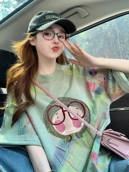 American retro tie-dye cartoon short-sleeved T-shirt for women 2025 summer new design heavy loose short-sleeved top