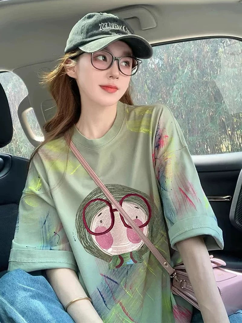 American retro tie-dye cartoon short-sleeved T-shirt for women 2025 summer new design heavy loose short-sleeved top