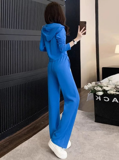 Street blue suit autumn new short hooded jacket top casual sports wide leg pants two-piece set women's clothing
