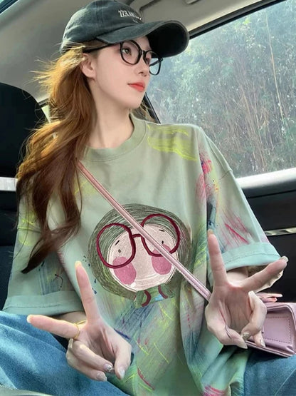 American retro tie-dye cartoon short-sleeved T-shirt for women 2025 summer new design heavy loose short-sleeved top