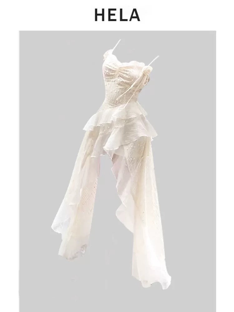 HELA fat mm pure desire design irregular suspender dress female summer 2024 ruffled waist fairy long skirt