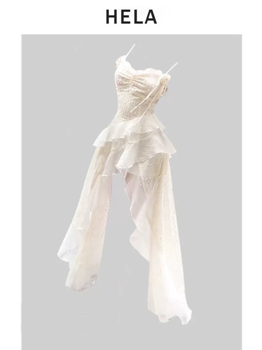 HELA fat mm pure desire design irregular suspender dress female summer 2024 ruffled waist fairy long skirt