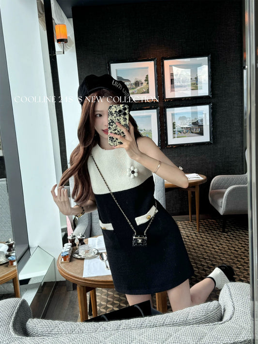COOLLINE Lin Zixi Miss Cheongdamdong black and white small fragrance elegant sleeveless dress slimming short skirt