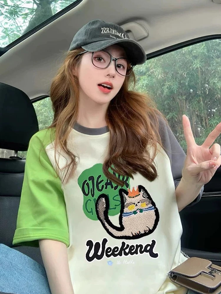 American cartoon contrast color T-shirt for women 2025 summer new loose slim versatile college super good-looking short-sleeved T-shirt