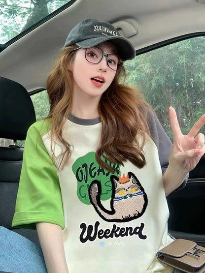 American cartoon contrast color T-shirt for women 2025 summer new loose slim versatile college super good-looking short-sleeved T-shirt