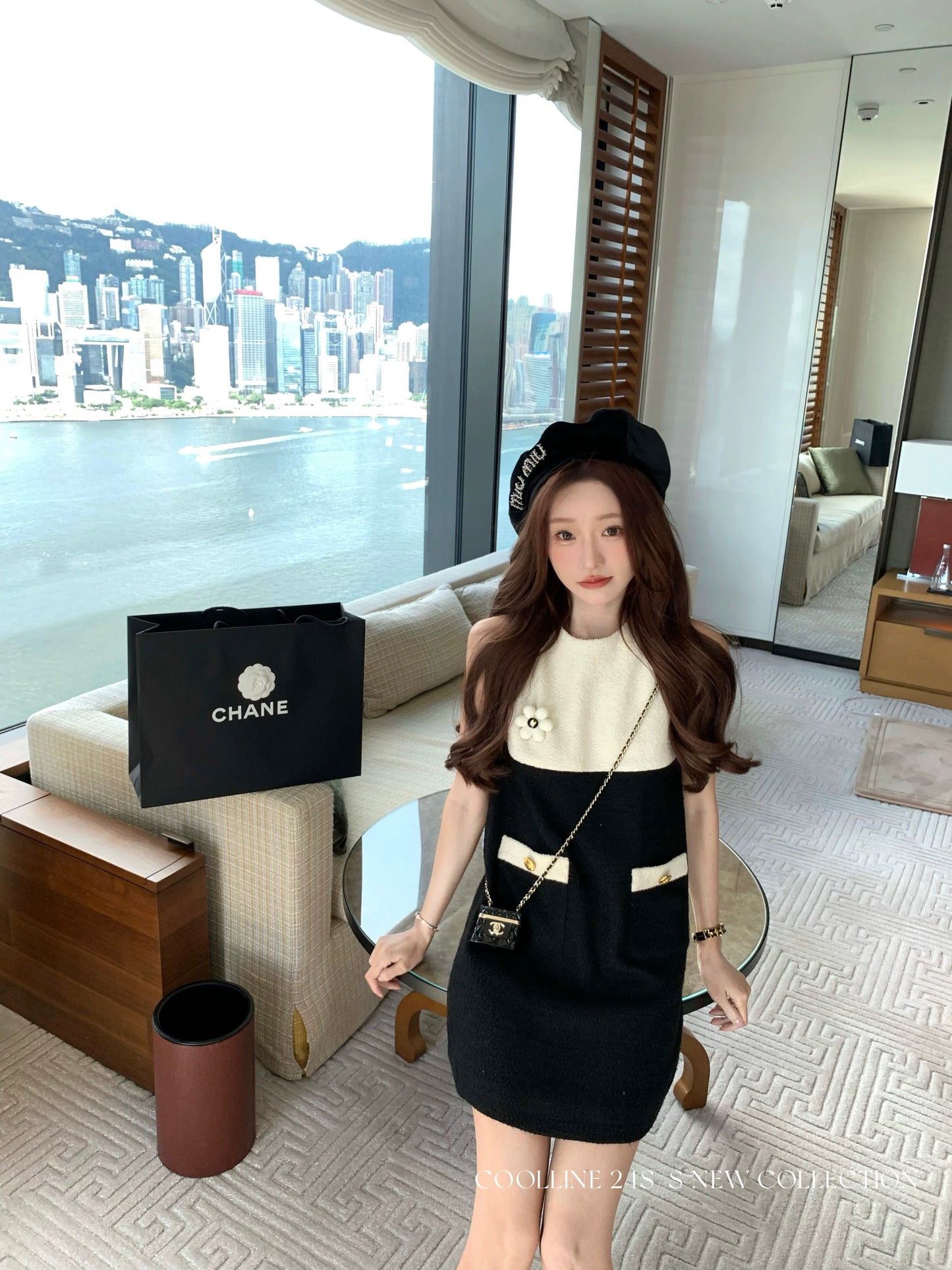 COOLLINE Lin Zixi Miss Cheongdamdong black and white small fragrance elegant sleeveless dress slimming short skirt