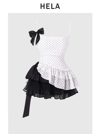 HELA fat mm pure desire style ruffled polka dot suspender top female summer 2024 bow tie skirt suit