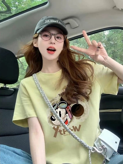 American retro Mickey print short-sleeved T-shirt for women 2025 summer new style straight shoulder loose short-sleeved T-shirt for women