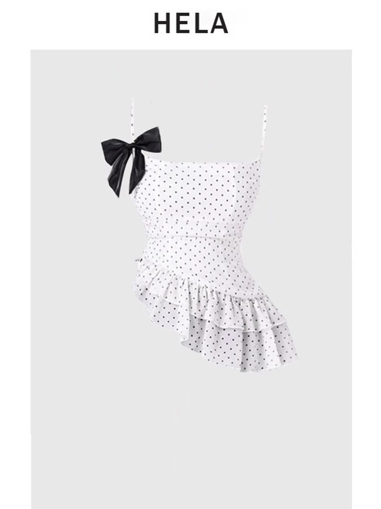 HELA fat mm pure desire style ruffled polka dot suspender top female summer 2024 bow tie skirt suit