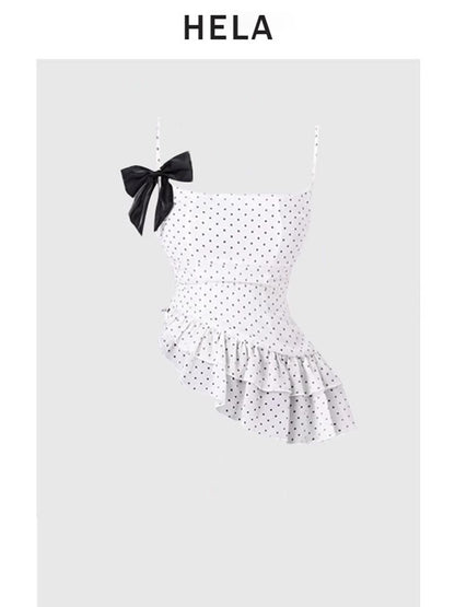 HELA fat mm pure desire style ruffled polka dot suspender top female summer 2024 bow tie skirt suit