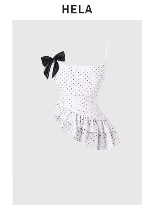 HELA fat mm pure desire style ruffled polka dot suspender top female summer 2024 bow tie skirt suit