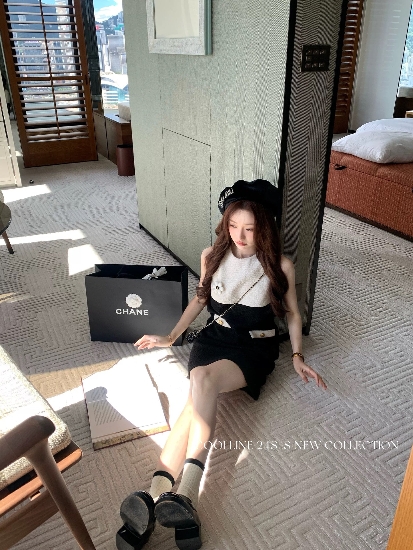 COOLLINE Lin Zixi Miss Cheongdamdong black and white small fragrance elegant sleeveless dress slimming short skirt
