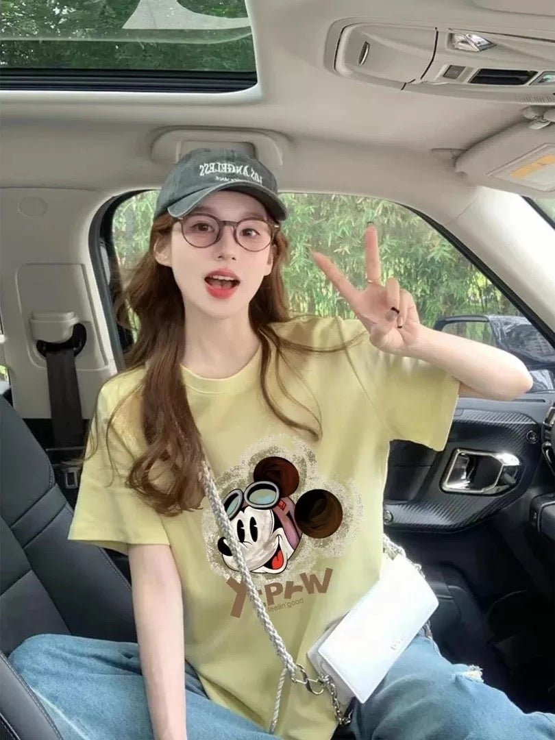 American retro Mickey print short-sleeved T-shirt for women 2025 summer new style straight shoulder loose short-sleeved T-shirt for women