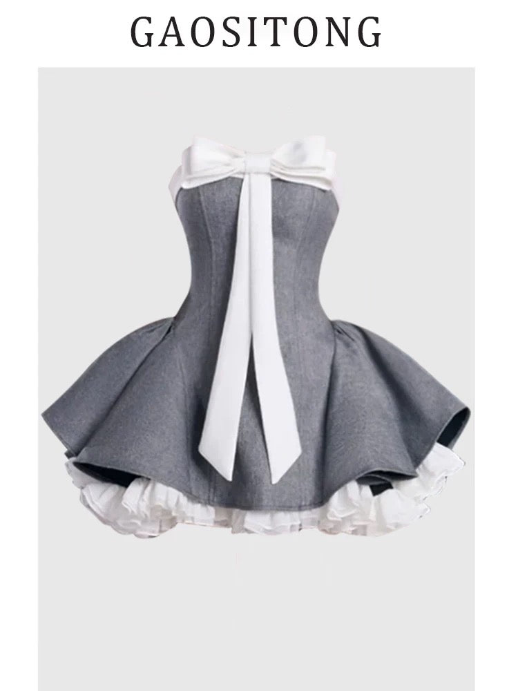 GAOSITONG Ballet-style bow tube top dress for women Spring 2025 Thousand Gold Waisted Puffy Short Skirt