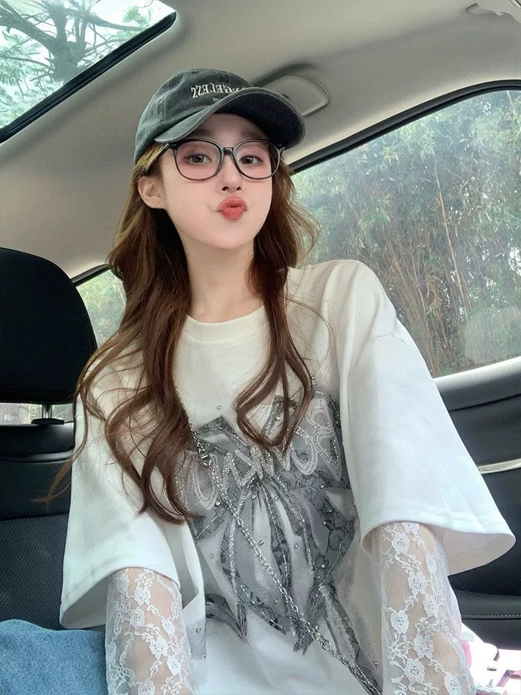 Fake two-piece bow short-sleeved T-shirt for women 2025 new summer heavy lace splicing hot diamond American loose top