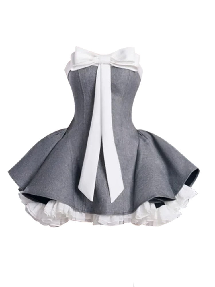 GAOSITONG Ballet-style bow tube top dress for women Spring 2025 Thousand Gold Waisted Puffy Short Skirt