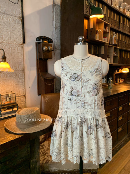 COOLLINE Lin Zixi late summer flowers heavy industry lace splicing sleeveless dress temperament pleated short skirt for women