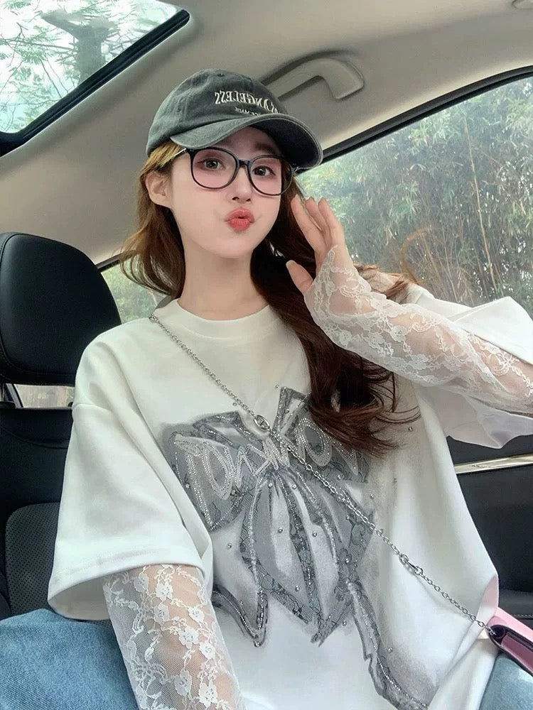 Fake two-piece bow short-sleeved T-shirt for women 2025 new summer heavy lace splicing hot diamond American loose top