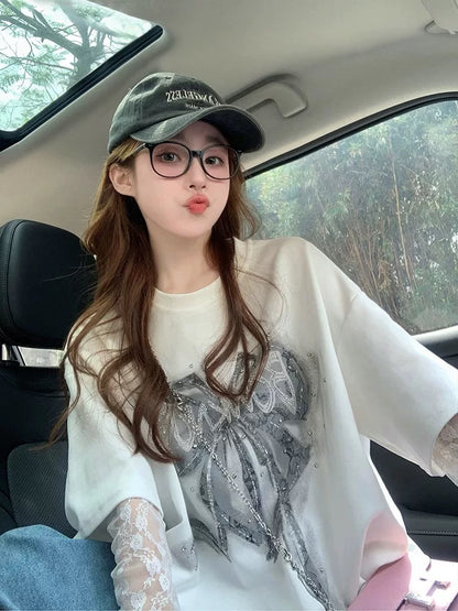 Fake two-piece bow short-sleeved T-shirt for women 2025 new summer heavy lace splicing hot diamond American loose top