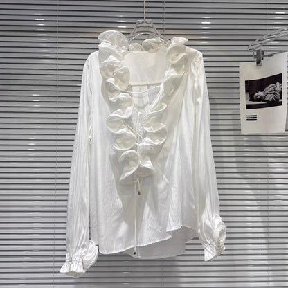 Popular online style, 2026 Spring New French Elegant V-neck Ruffled Floral Collar Drawstring Chiffon Blouse for Women
