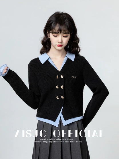 Black fake two-piece V-neck knitted cardigan women's spring and autumn 2025 autumn new contrast color sweater jacket short top