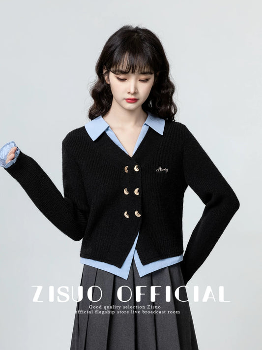 Black fake two-piece V-neck knitted cardigan women's spring and autumn 2025 autumn new contrast color sweater jacket short top