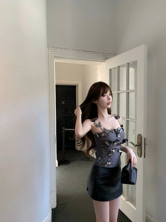 CHICYOU【Lux Series Butterfly】Gray high version exquisite sequin three-dimensional butterfly camisole for women
