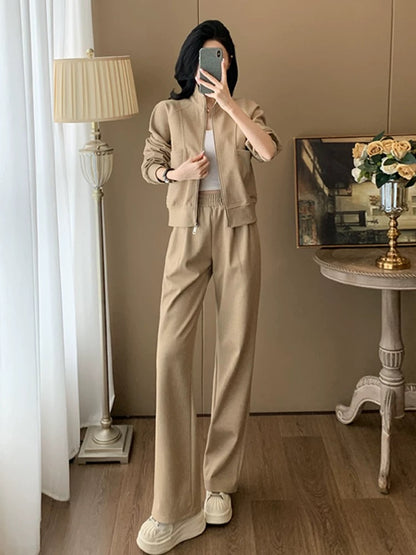 Khaki sports and leisure suit for women in spring and autumn, fashionable, high-end sweatshirt, straight pants, two-piece set, slimming