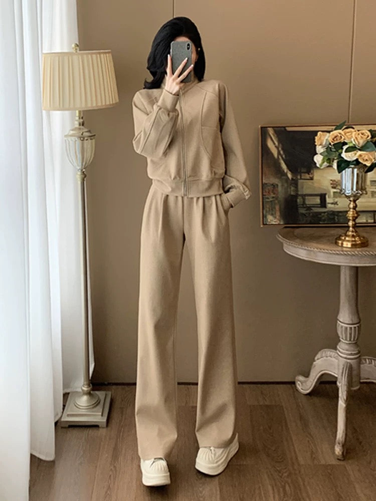 Khaki sports and leisure suit for women in spring and autumn, fashionable, high-end sweatshirt, straight pants, two-piece set, slimming