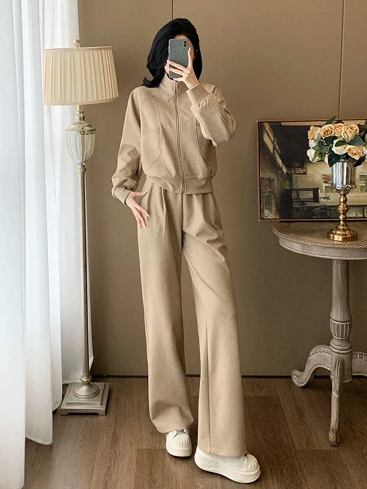 Khaki sports and leisure suit for women in spring and autumn, fashionable, high-end sweatshirt, straight pants, two-piece set, slimming