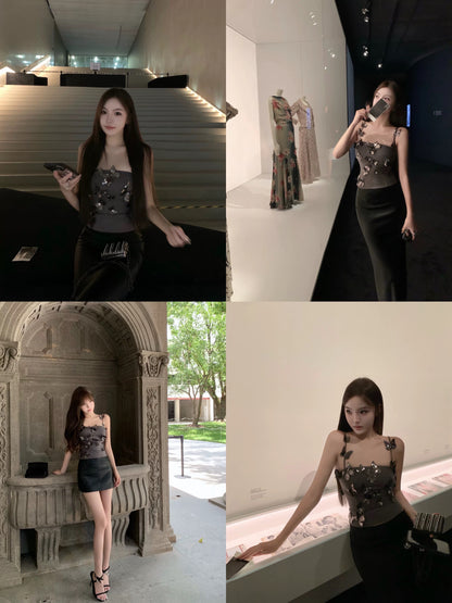 CHICYOU【Lux Series Butterfly】Gray high version exquisite sequin three-dimensional butterfly camisole for women