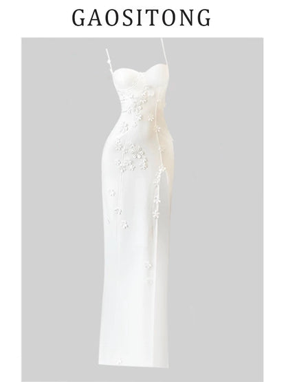 GAOSITONG Thousand Gold Sense Three-Dimensional Flower Suspender Dress Women Spring 2025 Waist Slit Dress Long Skirt