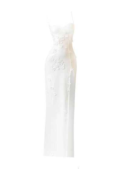 GAOSITONG Thousand Gold Sense Three-Dimensional Flower Suspender Dress Women Spring 2025 Waist Slit Dress Long Skirt