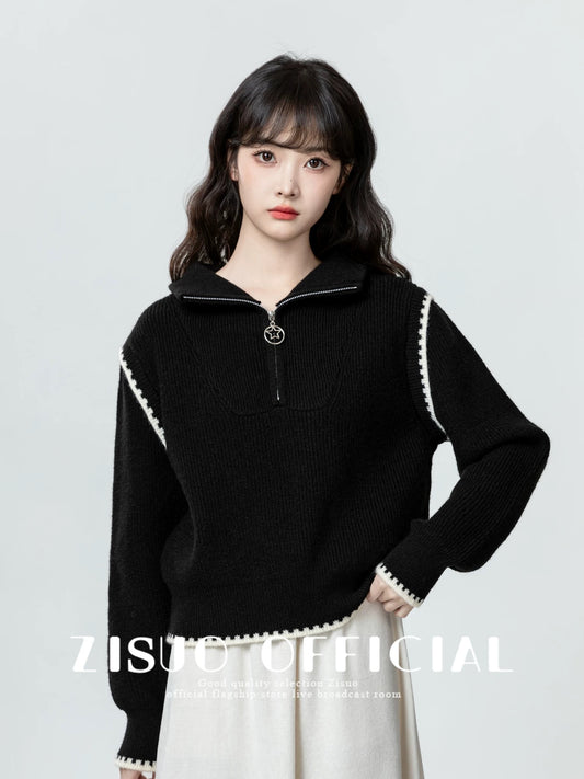 Black half-zip lapel sweater women's 2025 autumn and winter new contrast color stitching POLO collar sweater short top