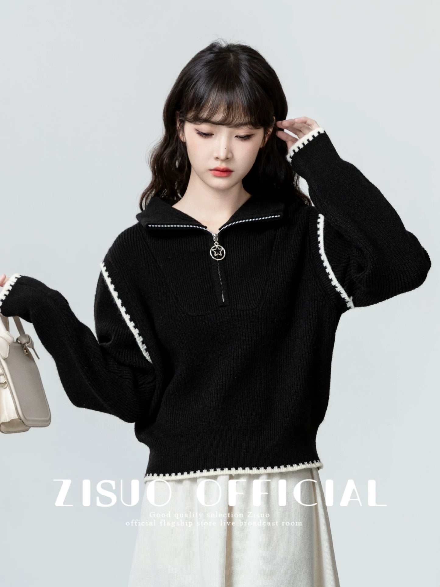 Black half-zip lapel sweater women's 2025 autumn and winter new contrast color stitching POLO collar sweater short top