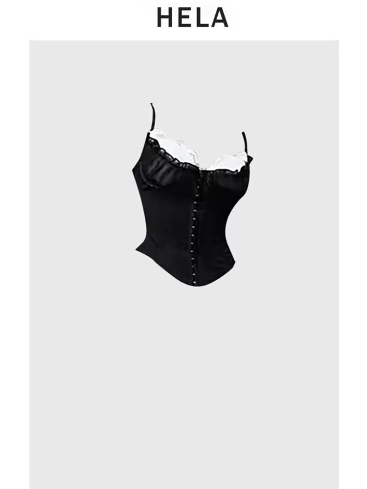 HELA fat mm high-end waist suspender top female autumn 2023 large size hot girl lace splicing hip skirt suit